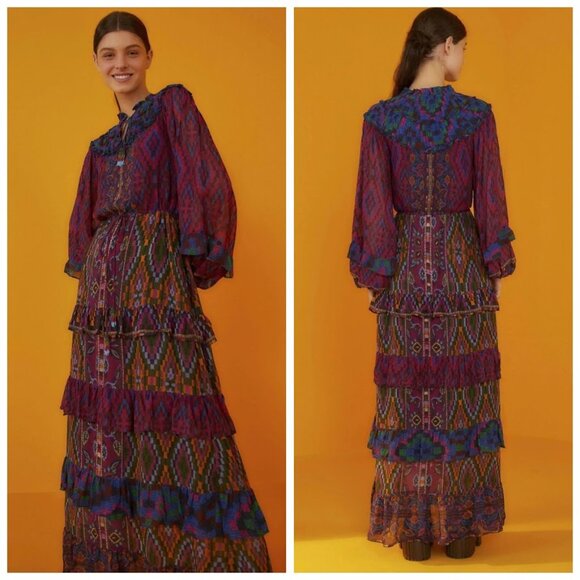 Farm Rio Mixed Tapestry Scarf Maxi Dress Bohemian Eclectic Maximalist S - Picture 2 of 14